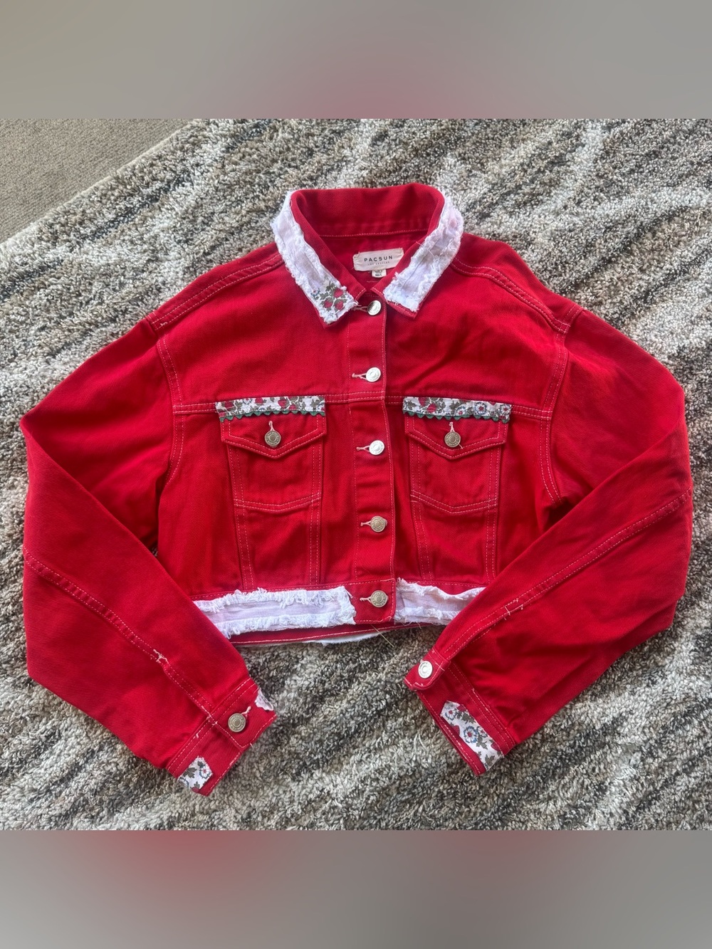 PacSun Red Upcycled Denim Jacket Strawberry Floral Lace Cottagecore Size M/L